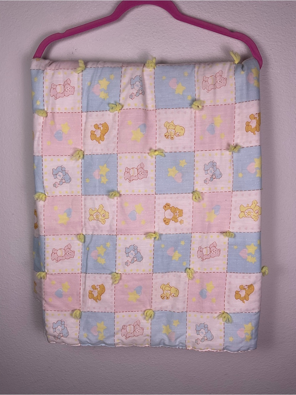 Vintage 1980s Care Bears baby quilt handmade pastel pink blue gender neutral
